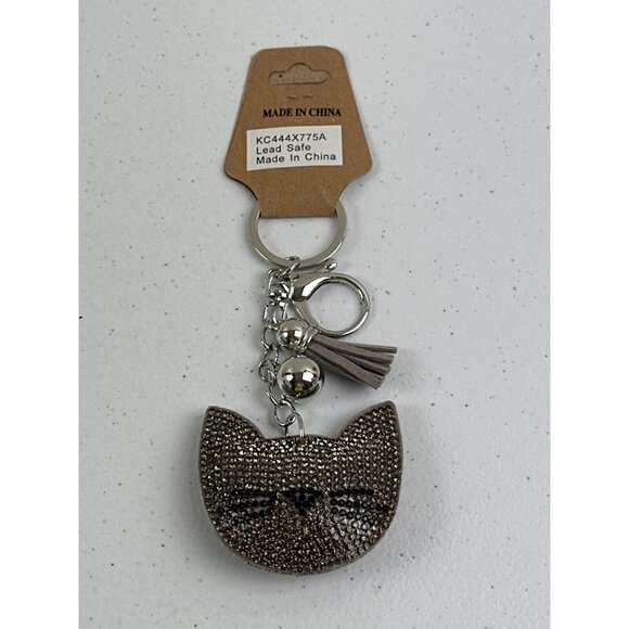 Cat Face Rhinestone Keychain With Tassel & Bell Lead Safe - Picture 1 of 4